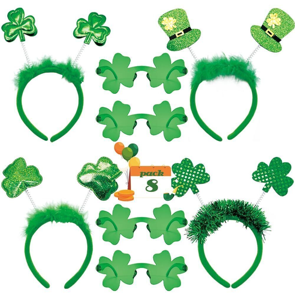 5042 8 PCS St. Patrick's Day Shamrock Headbands and Sunglasses, Shamrock